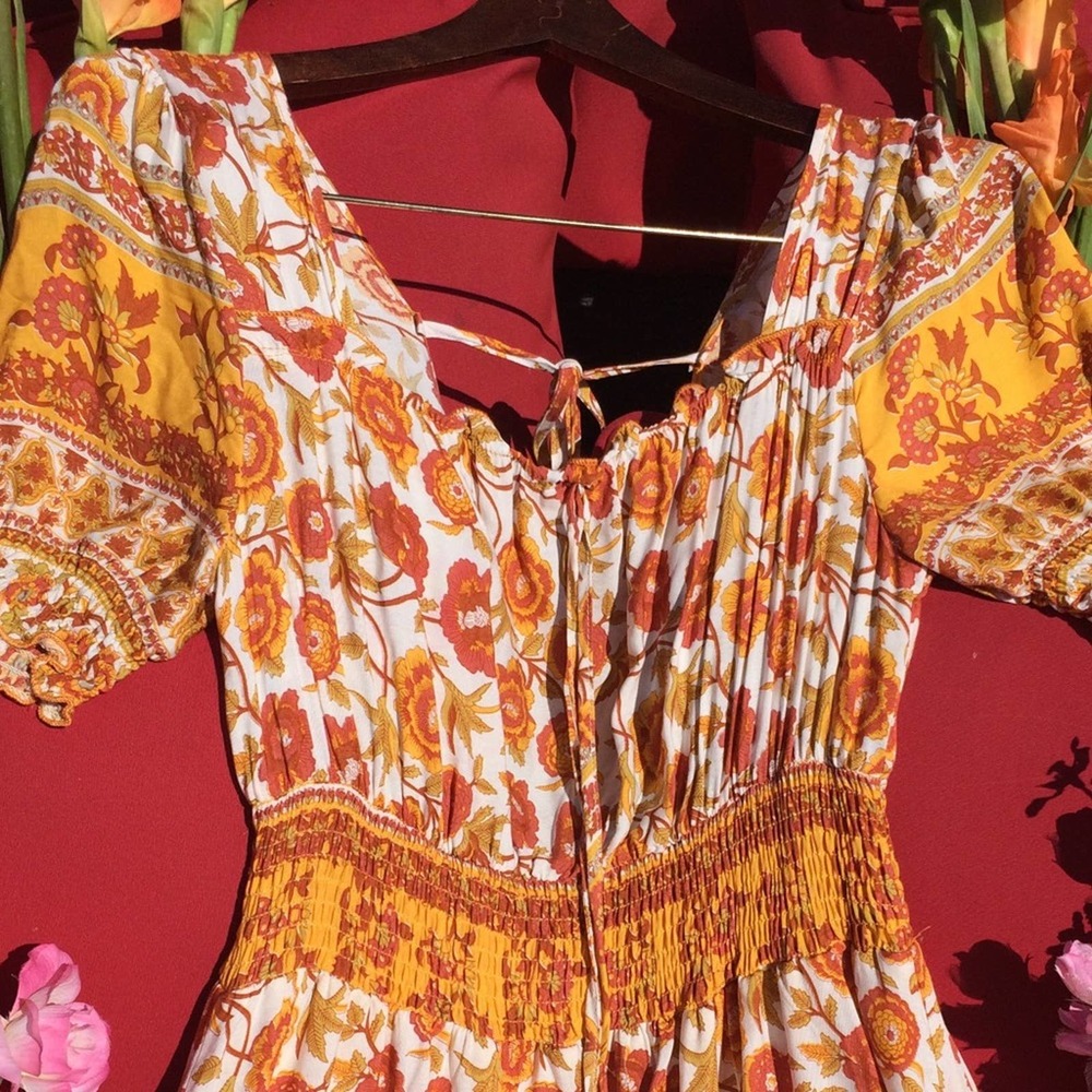 Mini Dress Floral Yellow Marigold Boho Glam NWOT - Picture 3 of 7